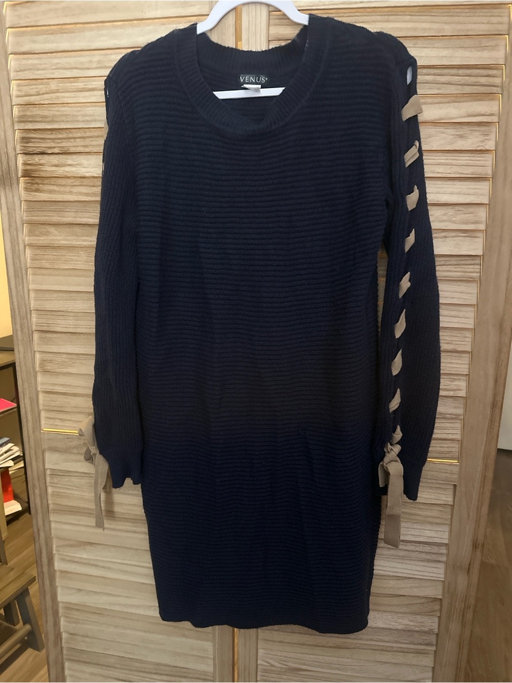 Venus Navy Blue Knit Sweater Dress with Tan Lace-Up Sleeves